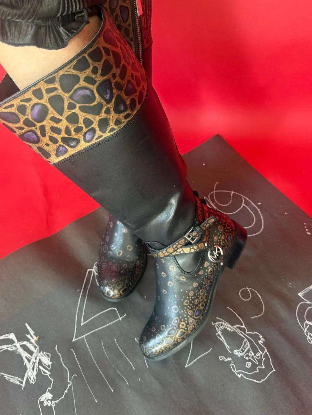 Hand Painted Leather Riding Boots | Gold Mosaic Knee High Boots, Unique